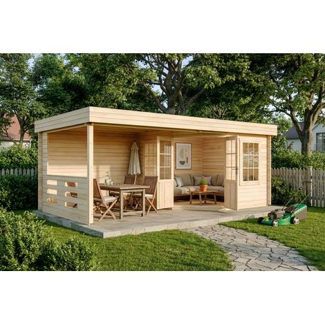 Alpholz Gartenhaus aus Holz, Holzhaus mit 34 mm Wandstärke inklusive Terrasse Blockbohlenhaus (1/4)