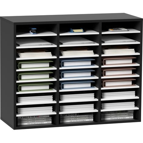 VEVOR Organizador de Literatura de Madera de 27 Ranuras de 800x305x630 mm, Estantes Ajustables de Tablero de Fibra de Densidad Media, Almacenamiento para Archivos, Documentos, Papeles, Negro y Blanco