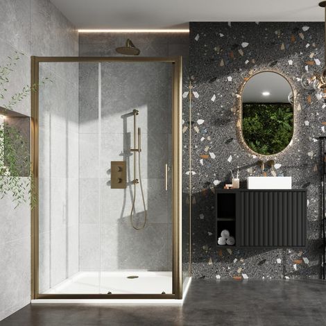Orbit S6 Brushed Brass Sliding Shower Door 1200mm Wide - 6mm Glass (1/2)