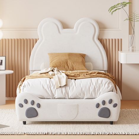 CHICFURN Cama infantil 90x200 cm de terciopelo blanco con forma de oso y somier (1/5)