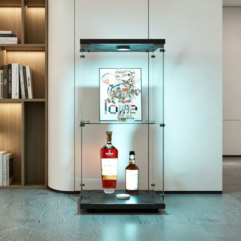 Vitrine en Verre avec LED Réglable, Vitrine Colonne à 2 Étagères, Porte simple avec serrure, Dimensions 40x36.5x86 cm, Armoire de Présentation pour Collection, Bouteilles, Figurines