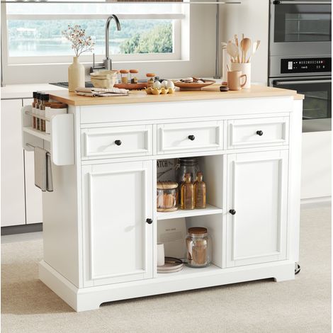 Isola da cucina su ruote con piano estraibile, 3 cassetti, portaspezie, bianco/natur HAVRYA (1/5)