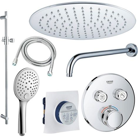 Grohe ensemble de douche grohtherm 20 cm avec bras mural, douchette à main, barre coulissante 90 cm et flexible de douche chromés (1/5)