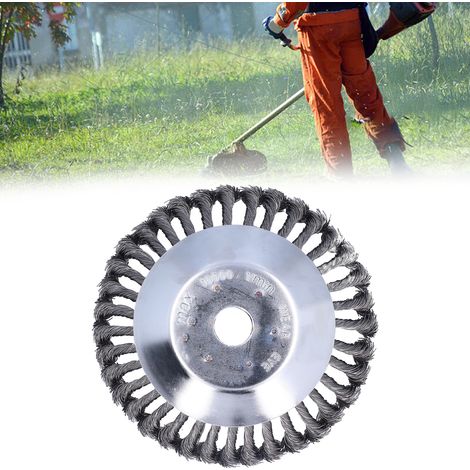Roue de désherbage à disque en fil d'acier torsadé de 8 pouces, roue spéciale en fil d'acier pour tondeuses à gazon, brosse spéciale en fil d'acier en forme de cloche pour tondeuses à gazon. (1/5)