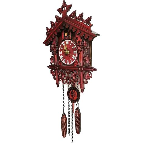 Horloge coucou, design en bois vintage, horloge murale décorative, Rouge (1/2)
