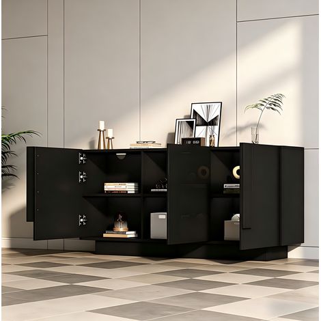 Sideboard 160x35x60 cm schwarz aus Spanplatte mit Hochglanzfront und verstellbaren Fächern (1/5)