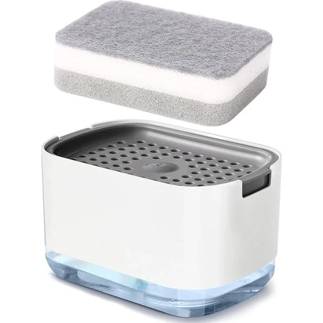 2 en 1 Distributeur Savon Détergent Rechargeable, Distributeur Liquide Vaisselle Plastique avec Porte-Éponge Qualité, Boîte à Savon Pratiquepour pour Hôpital, Cuisine, Bains, Évier(Blanc， 300 ML)