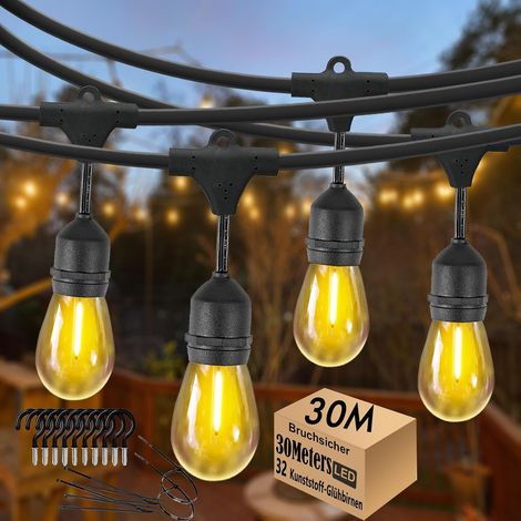 Guirlande lumineuse LED d'extérieur 30 m S14 E27 étanche IP65 avec 30 + 2 ampoules LED 2700 K Blanc chaud pour jardin, terrasse, mariage (1/5)