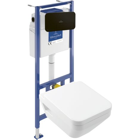 Pack WC suspendu sans bride Villeroy & Boch Architectura Twistflush [e³] rectangle + bâti-support sol et mur + plaque noir (1/4)