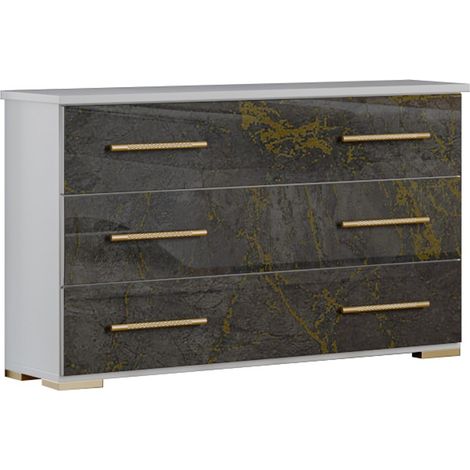 Commode 3 grands tiroirs bois blanc et bois gris brillant marbré doré Dova 100cm (1/3)