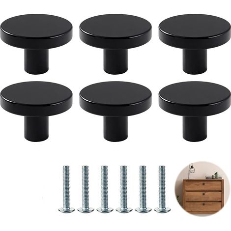 Juego de 6 tiradores redondos negros para puertas y muebles, tiradores de aluminio resistentes para cajones, cocinas y armarios, tornillos incluidos, adecuados para armarios y tocadores modernos. (1/5)