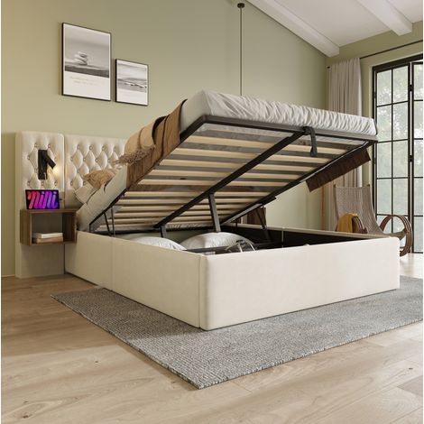 Cama con 2 mesitas 180/200 cm beige de terciopelo con almacenaje hidráulico y luces USB (1/5)