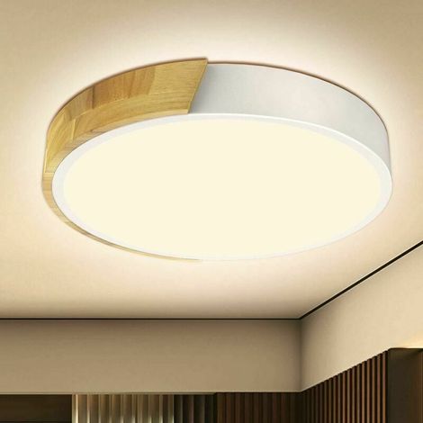 Plafonnier LED Ronde - 18 W - 4500 K - Ø30 cm - Bois Chêne et Fer - Pour Chambre, Salon, Cuisine, Balcon, Couloir