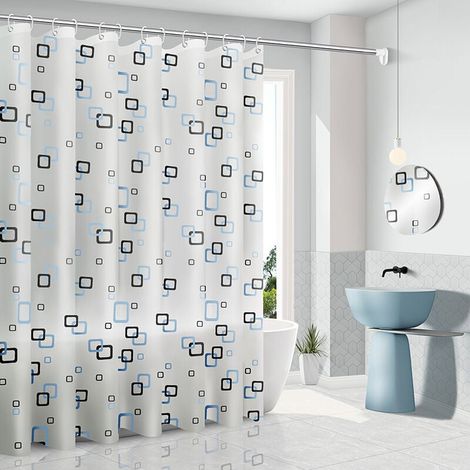 Anti-Schimmel-Duschvorhang 200 x 180 cm mit Ringen, antibakterieller Duschvorhang, waschfrei, für Badezimmer, weiß mit blauen Quadraten (1/4)