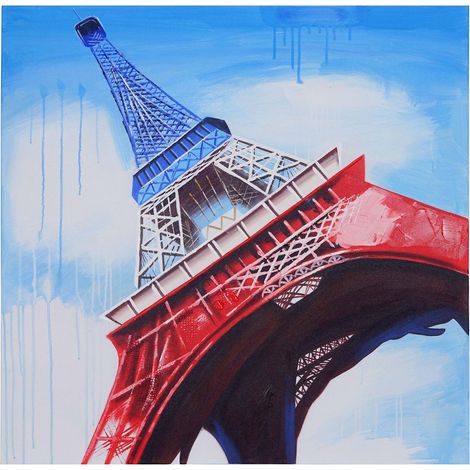 Tableau à l'huile, Tour Eiffel tricolore, peint à la main à 100%, toile de décoration murale XL - 100x100cm (1/5)