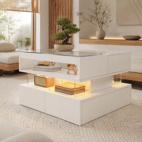 CHICFURN Mesa de centro elevable 112,5 x 67 x 57 cm blanca con LED de 16 colores (1/5)