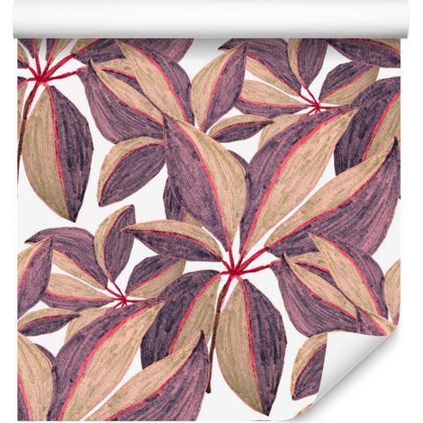 Papel pintado de hojas pintadas con detalles rojos para salón y dormitorio, 50x1000 cm. (1/5)