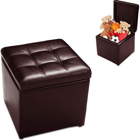 GOPLUS Tabouret Pouf avec Boîte de Rangement en Bois&Cuir PU,40x40x40CM,Charge 150KG,Banc à Chaussures avec Espace de Stockage,Brun