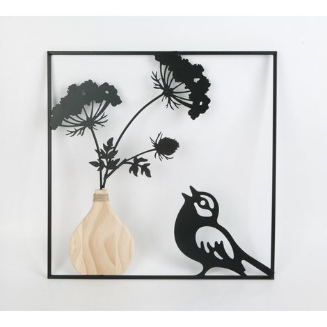 TrendLine Wandbild Metall Blumen mit Vogel 40 x 1 x 40 cm schwarz Figuren