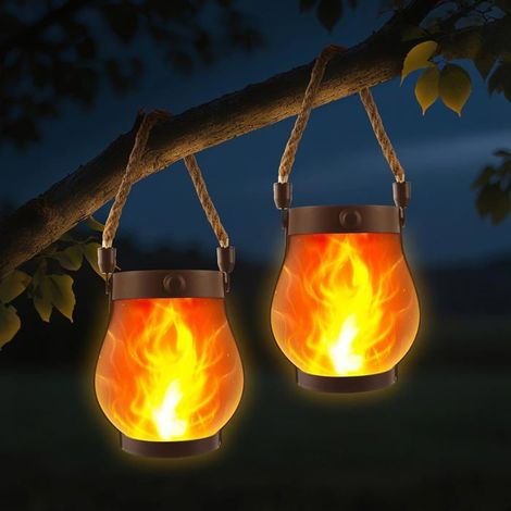 KLVGTIFS PU - Lampe Solaire Extérieur Suspendue Étanche IP65, 2 pièces Lanterne Jardin avec Flamme Réaliste, Veilleuse Auto Détection (1/5)