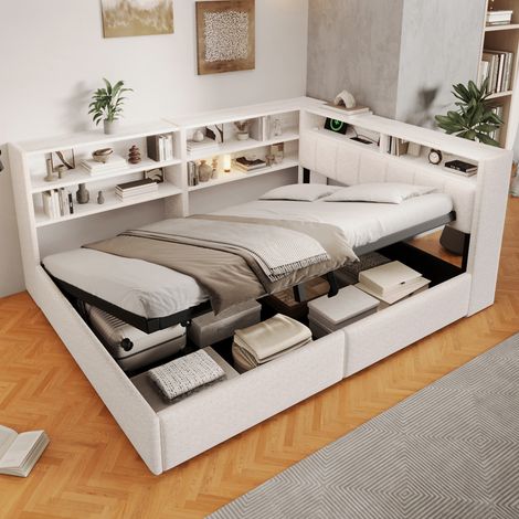 Lit Banquette Coffre 140x200 cm, Rangement Hydraulique, Meuble Latéral Réversible avec Étagères, LED et USB, Velours Blanc (1/5)