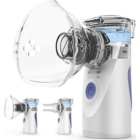 Dispositif d'inhalation portable - Ultra silencieux, brume réglable (1-5 µm), taille des particules ≤ 3,5 µm, fonctionnement sur secteur et sur batterie, 3 types de masques pour adultes et enfants (1/5)