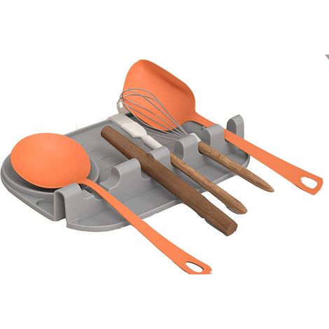 1 Repose-cuillère, Silicone, Design 2 en 1 avec égouttoir, 4 emplacements, Cuisine et barbecue (1/5)