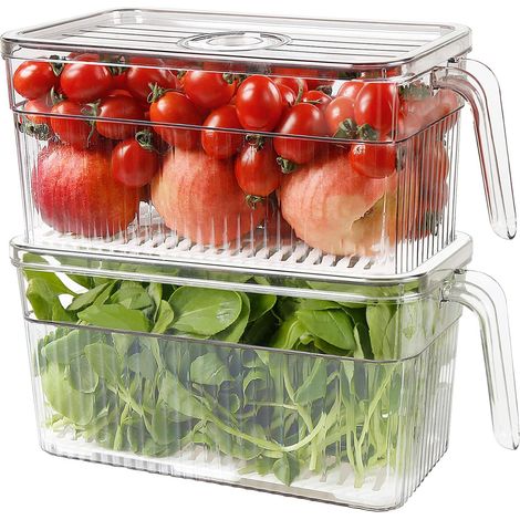 2er-Pack Kunststoffbehälter zur Aufbewahrung von Lebensmitteln für den Kühlschrank, stapelbarer Salatbehälter für den Kühlschrank mit herausnehmbarer Abtropfschale, hält Gemüse/Obst/Beeren/Salat frisc (1/5)