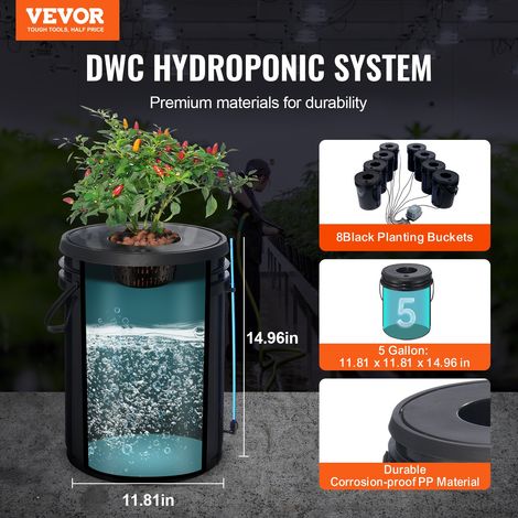 Système de Culture Hydroponique DWC, Kit de Culture en Eau Profonde 20 L 8 Seaux, avec Pompe à Air, Pierres à Air, Dispositif de Ni… (1/5)