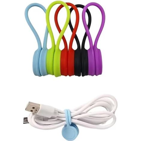 Lot de 5 organisateurs de câbles en silicone avec clips pour une gestion optimale des câbles, idéal pour le bureau, la voiture, la maison ou le bureau. (1/5)