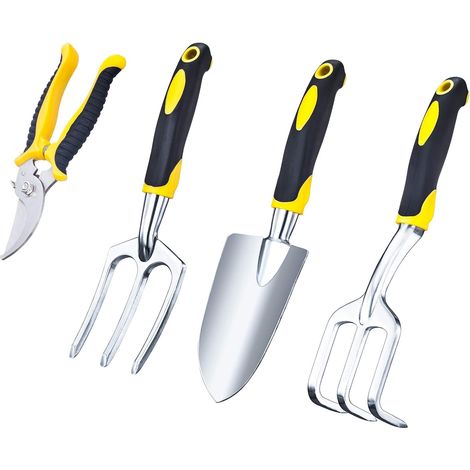 BEBUSINGOTO 4 piezas, herramientas manuales de jardinería resistentes con cabezales de aluminio y agarre de gel: paleta, tijeras de podar y desmalezadora (1/4)