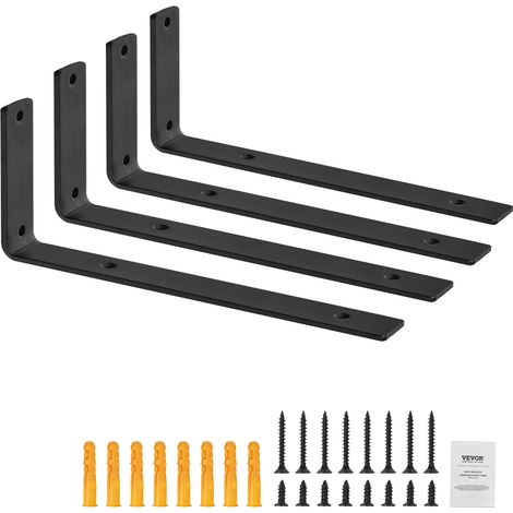 VEVOR Equerres deetageres, 256 x 155 mm, supports deetageres flottants robustes, 4 pieces, supports pour etageres en L noir mat de 5 mm deepaisseur, en acier avec une capacite de charge de 72,6 kg