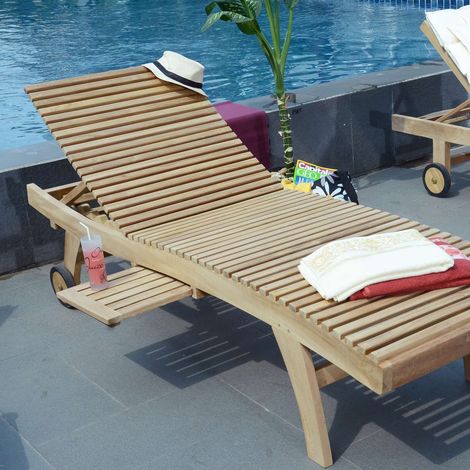 Teck'Attitude – Bain de soleil en teck massif – Dossier inclinable 5 positions – Tablette coulissante – 200x65x35 cm – Résistant aux intempéries (1/6)