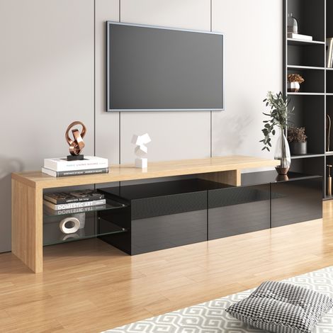 TV-Lowboard 197 cm in Schwarz Hochglanz und Holzoptik mit Glasböden, LED-Beleuchtung und 3 Fächern, MDF, Schwarz