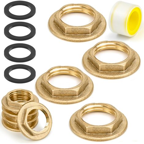 Lot de 4 écrous de sécurité hexagonaux en laiton - Filetage intérieur - Écrou de robinet 3/4" - Écrou hexagonal avec joint et bande d'étanchéité pour salle de bain, lavabo, tuyauterie (1/5)