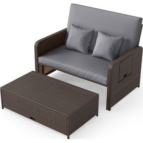 Lit de jardin rotin PE, canapé 2 places avec repose-pied multifonction, dossier réglable 4 positions et tables latérales pliables, mobilier extérieur pour terrasse et bord de piscine (1/5)