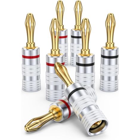 4 Paires Fiches Bananes, Plaqué Or 24K, Laiton, Double Vis, Pour Câble Haut-Parleur