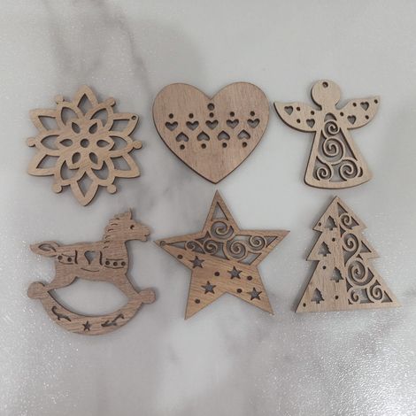 Lot de 2 paquets de décorations de Noël en bois (6 pièces par paquet) – Style nordique (flocons de neige, chevaux à bascule, étoiles, anges, cœurs, sapins) (1/5)