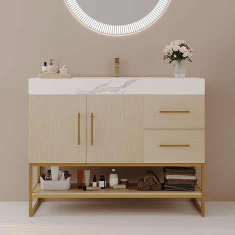 Tocador de baño moderno independiente de 36 pulgadas con lavabo de cerámica integrado y cubierta de piedra sinterizada (1/5)