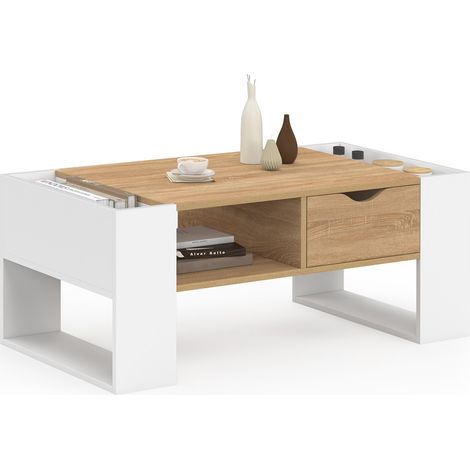 Rechteckiger Couchtisch BERYL mit Schublade aus weißem Holz und Buchenholzoptik (1/5)
