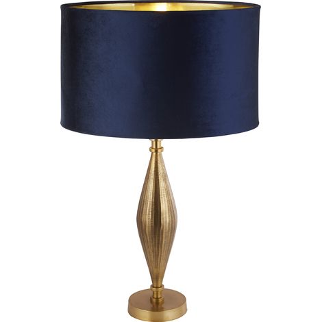 Lampada da tavolo Rye - Metallo ottone anticato e paralume in velluto blu navy (1/3)