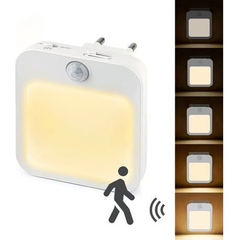 Une veilleuse LED, de type à brancher, avec détecteur de mouvement et détecteur de lumière, peut être utilisée comme veilleuse ou lampe de chevet, lumière blanche chaude. (1/4)
