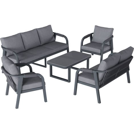 Salon de jardin, pour 7 personnes, canapé 3 places, canapé 2 places, 2 fauteuils et 1 table basse, plateau en verre, structure en fer galvanisé, design en corde tressée, gris