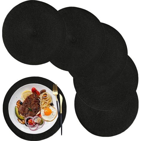 (Noir)Set de Table Lot de 6,Set de Table Rond Plastique Polypropylène Lavables pour la Cuisine, la Table à Manger, Les fêtes, Les Mariages (1/5)