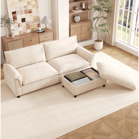 Canapé d'angle modulaire 216x77x82 cm beige en chenille avec pouf mobile et rangement (1/5)