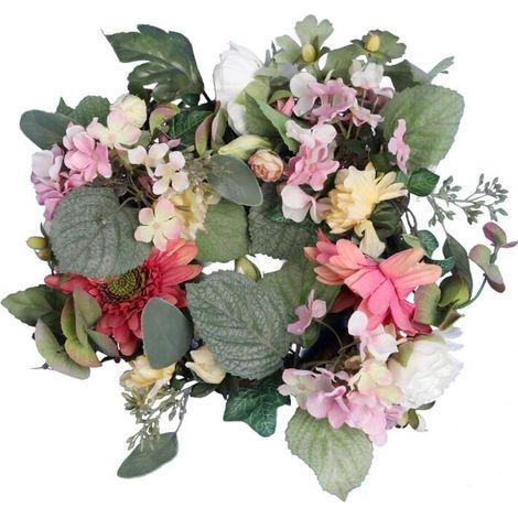 Corona romántica con hortensias y gerberas, 28 cm de diámetro. (1/3)