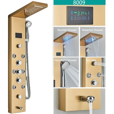 Duscharmatur-Set, Regen- und Handbrause, digitale LED-Temperaturanzeige, Mischbatterie, Gold 8009