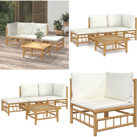 4-tlg. Garten-Lounge-Set mit Cremeweißen Kissen Bambus - Bambus Möbel - Gartenloungeset - Outdoor Möbel - Esstisch - Wohnzimmergarnitur - Home & Living (1/5)