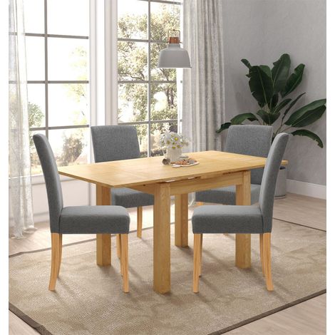 Hallowood Furniture Waverly Oak Extendable Dining Table and Chairs Set 4, Rectangular Small Kitchen Table and Chairs in Straight Back and Upholstered Grey Fabric for Home and Café (1/5)