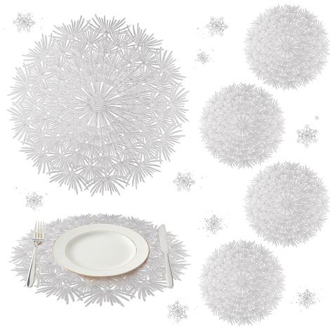 Kindfiber OÜ-Lot de 6 Sets de Table Argenté Ronde en Forme de Pissenlit, Dessous Assiette Imperméables Lavable pour Cuisine Fête et Salle à Manger Décor 38cm (1/5)
